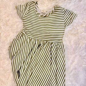 Girls Olive & White Striped Casual Knit Dress